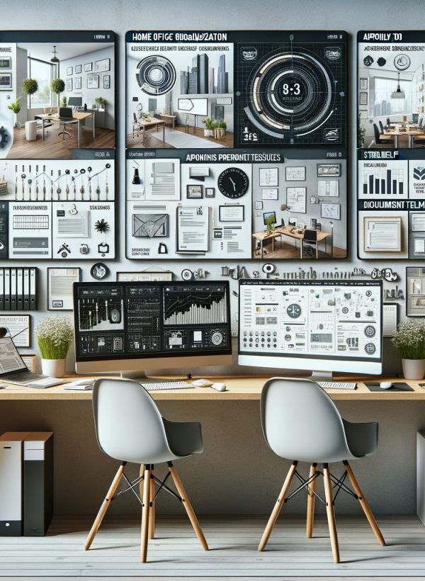 a group of people working on a big table on their laptops, headphones, water bottles