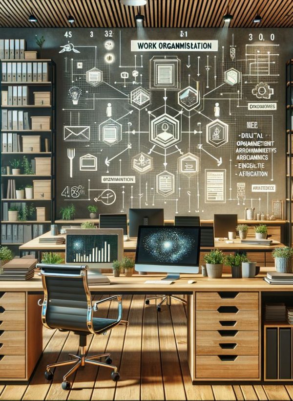 a green working space with laptop, notes, plants, computer